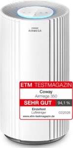 COWAY Luftreiniger für große Räume, CADR 713 m³/h, reinigt 148 m² in 30 Min., HEPA Filter gegen Rauch, Allergien, Tierhaare, Gerüche, PM10-Sensor, Energiesparmodus, AIRMEGA 350 Weiß