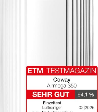 COWAY Luftreiniger für große Räume, CADR 713 m³/h, reinigt 148 m² in 30 Min., HEPA Filter gegen Rauch, Allergien, Tierhaare, Gerüche, PM10-Sensor, Energiesparmodus, AIRMEGA 350 Weiß