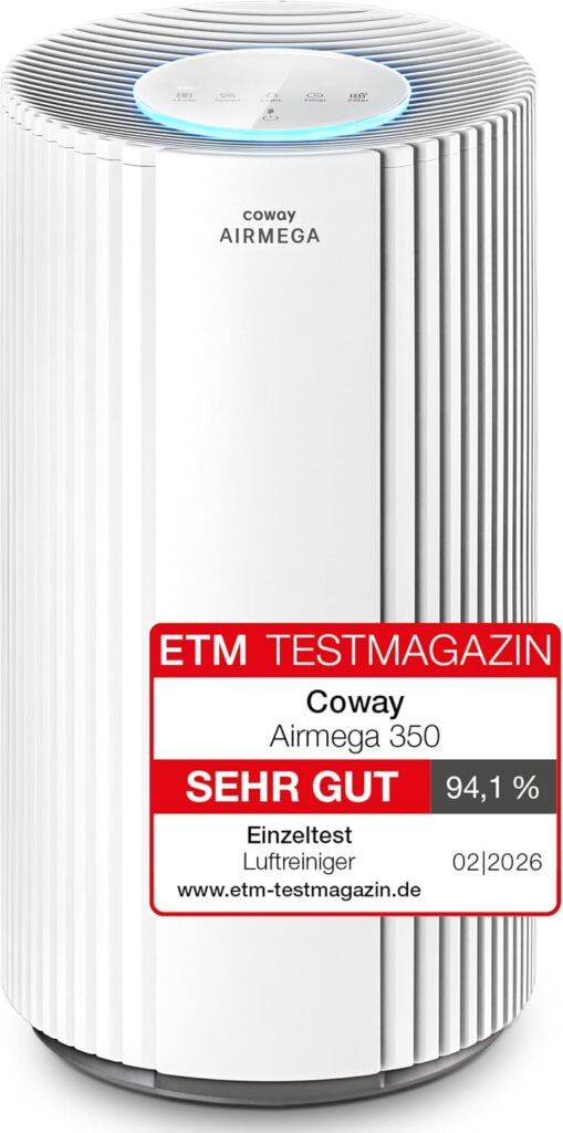 COWAY Luftreiniger für große Räume, CADR 713 m³/h, reinigt 148 m² in 30 Min., HEPA Filter gegen Rauch, Allergien, Tierhaare, Gerüche, PM10-Sensor, Energiesparmodus, AIRMEGA 350 Weiß