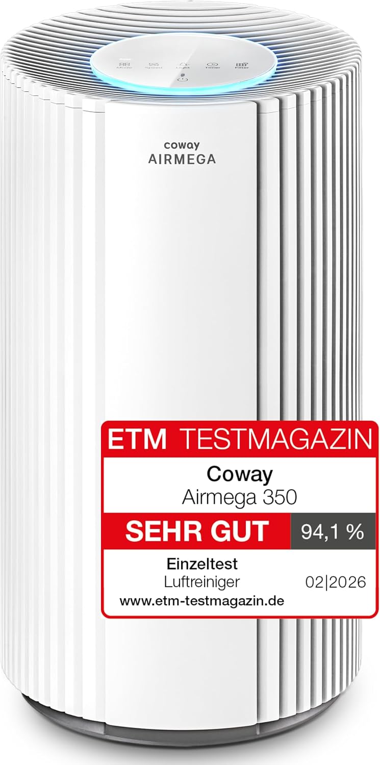 COWAY Luftreiniger für große Räume, CADR 713 m³/h, reinigt 148 m² in 30 Min., HEPA Filter gegen Rauch, Allergien, Tierhaare, Gerüche, PM10-Sensor, Energiesparmodus, AIRMEGA 350 Weiß