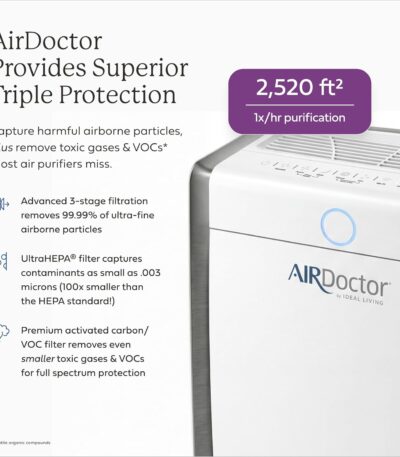 AIRDOCTOR 3500i Intelligenter Luftreiniger für Wohn- und Schlafzimmer, 3-stufige Filterung mit Vorfilter, UltraHEPA, Kohlenstoff/VOC, fängt Partikel ein, die 100 mal kleiner sind als der