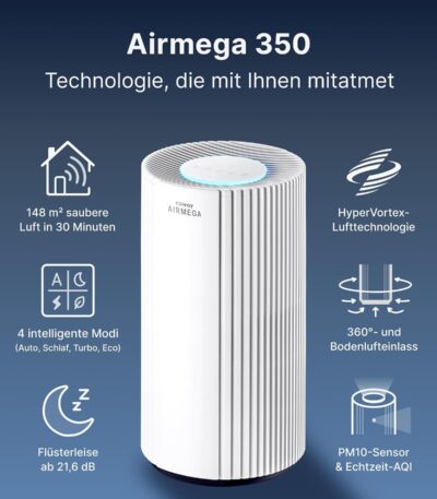 COWAY Luftreiniger für große Räume, CADR 713 m³/h, reinigt 148 m² in 30 Min., HEPA Filter gegen Rauch, Allergien, Tierhaare, Gerüche, PM10-Sensor, Energiesparmodus, AIRMEGA 350 Weiß