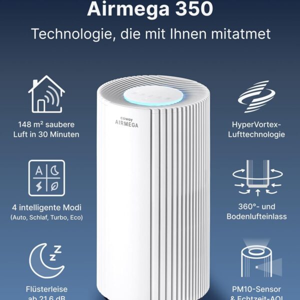 COWAY Luftreiniger für große Räume, CADR 713 m³/h, reinigt 148 m² in 30 Min., HEPA Filter gegen Rauch, Allergien, Tierhaare, Gerüche, PM10-Sensor, Energiesparmodus, AIRMEGA 350 Weiß