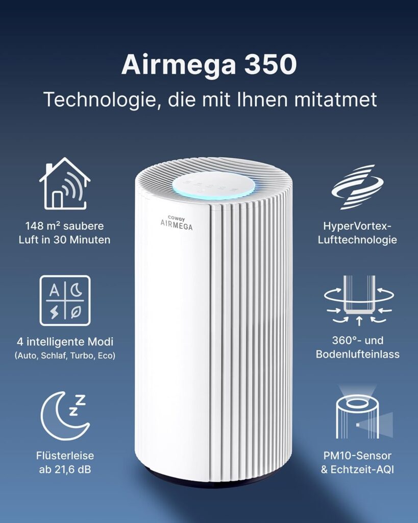 COWAY Luftreiniger für große Räume, CADR 713 m³/h, reinigt 148 m² in 30 Min., HEPA Filter gegen Rauch, Allergien, Tierhaare, Gerüche, PM10-Sensor, Energiesparmodus, AIRMEGA 350 Weiß