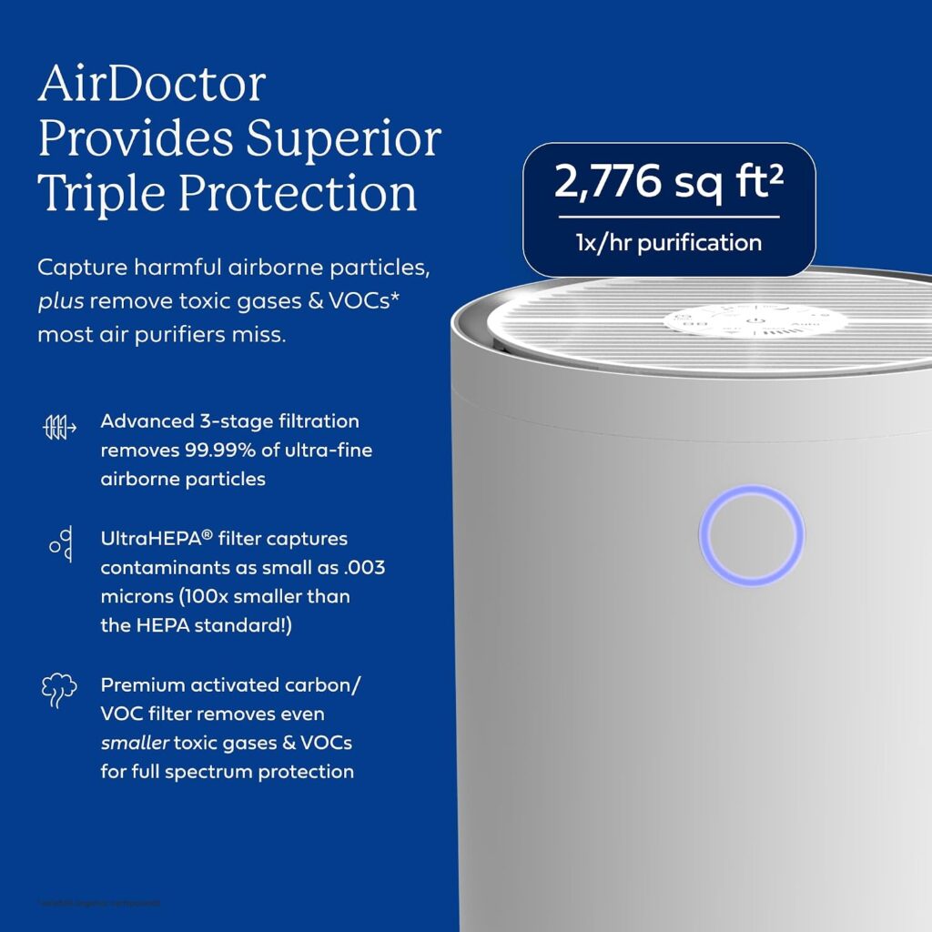 AIRDOCTOR AD4000 Luftreiniger, perfekt für große Räume, Keller bis zu 2,776 ft2, entfernt Allergene, Rauch, Staub, Schimmel, Tierhaare, Gerüche, Pollen, Krankenhausqualität UltraHEPA