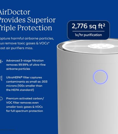 AIRDOCTOR AD4000 Luftreiniger, perfekt für große Räume, Keller bis zu 2,776 ft2, entfernt Allergene, Rauch, Staub, Schimmel, Tierhaare, Gerüche, Pollen, Krankenhausqualität UltraHEPA